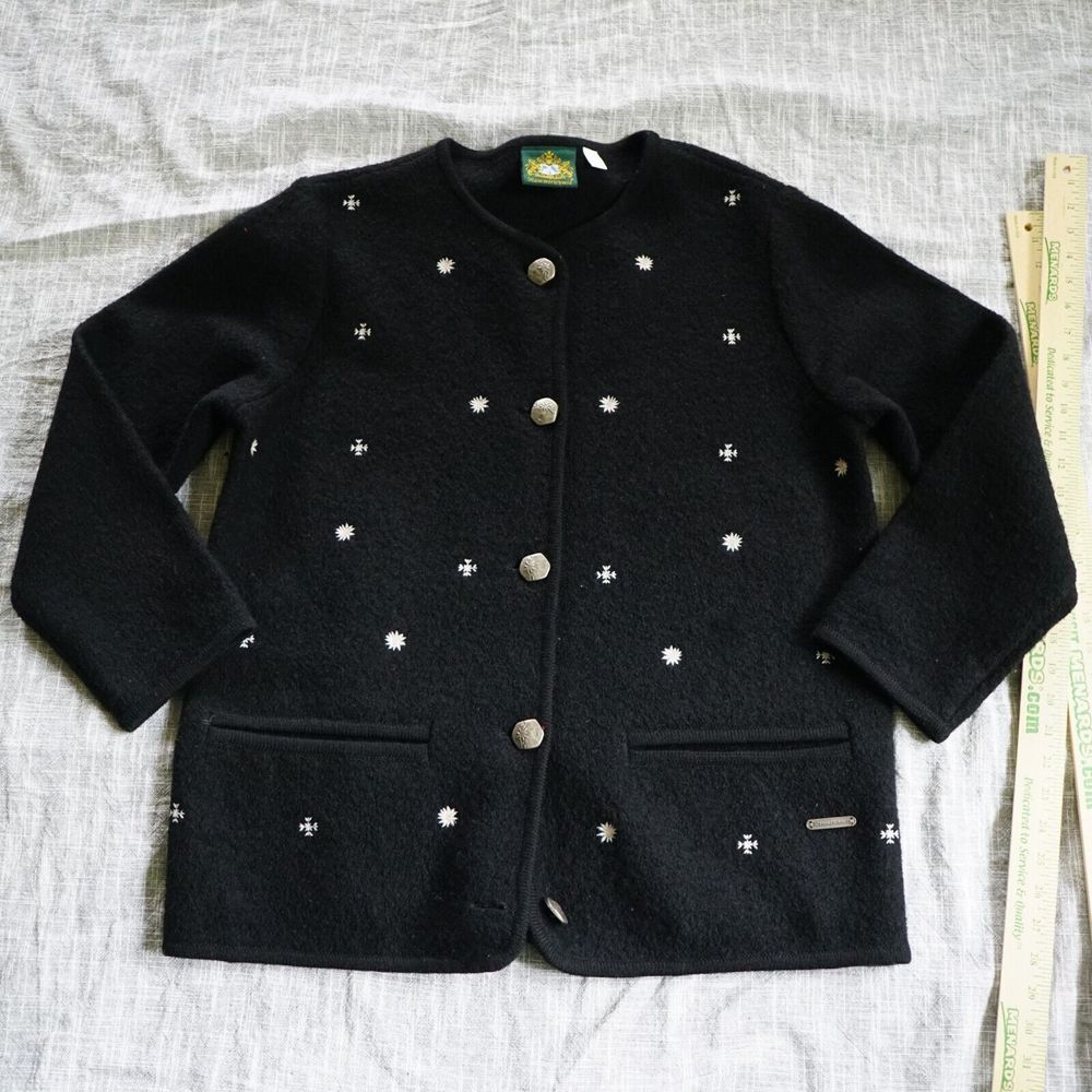 Hammerschmid cardigan womens black wool embroidered floral pockets metal buttons